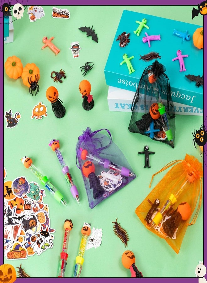 CY2SIDE Halloween Themed Party Favor - 12 Pack Halloween Glitter 4-in-1 Pumpkin Ballpoint Pen Jumping Popper Bouncy Bat Toy Figure StretchyMen Fidget Sticker and Organza Goodie Bag Filler Gift for Kid - Image 2