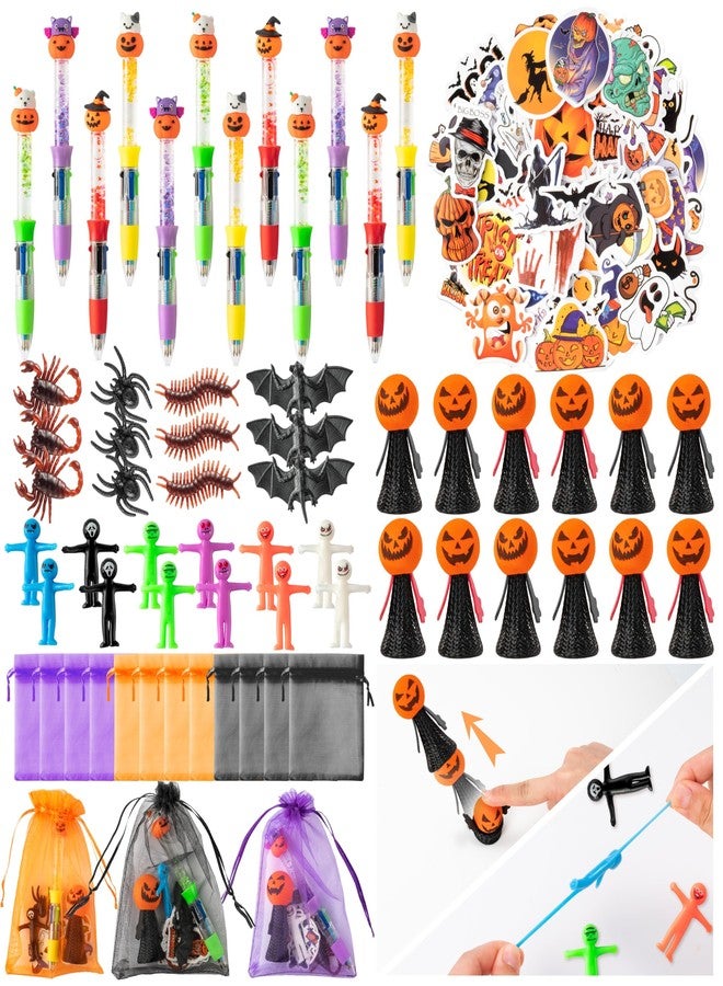 CY2SIDE Halloween Themed Party Favor - 12 Pack Halloween Glitter 4-in-1 Pumpkin Ballpoint Pen Jumping Popper Bouncy Bat Toy Figure StretchyMen Fidget Sticker and Organza Goodie Bag Filler Gift for Kid - Image 1