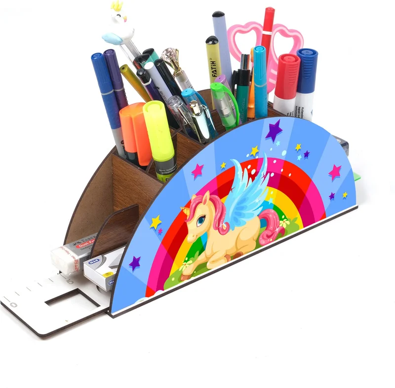 Notpa Wooden Winged Horse Unicorn Rainbow Ruler Desktop Pen Holder Box Organizer For Kids GK25