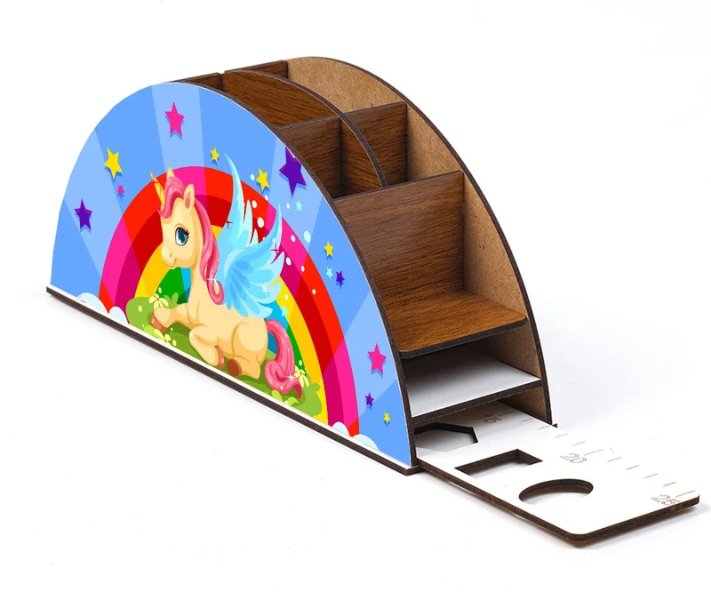 Notpa Wooden Winged Horse Unicorn Rainbow Ruler Desktop Pen Holder Box Organizer For Kids GK25