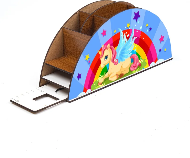 Notpa Wooden Winged Horse Unicorn Rainbow Ruler Desktop Pen Holder Box Organizer For Kids GK25
