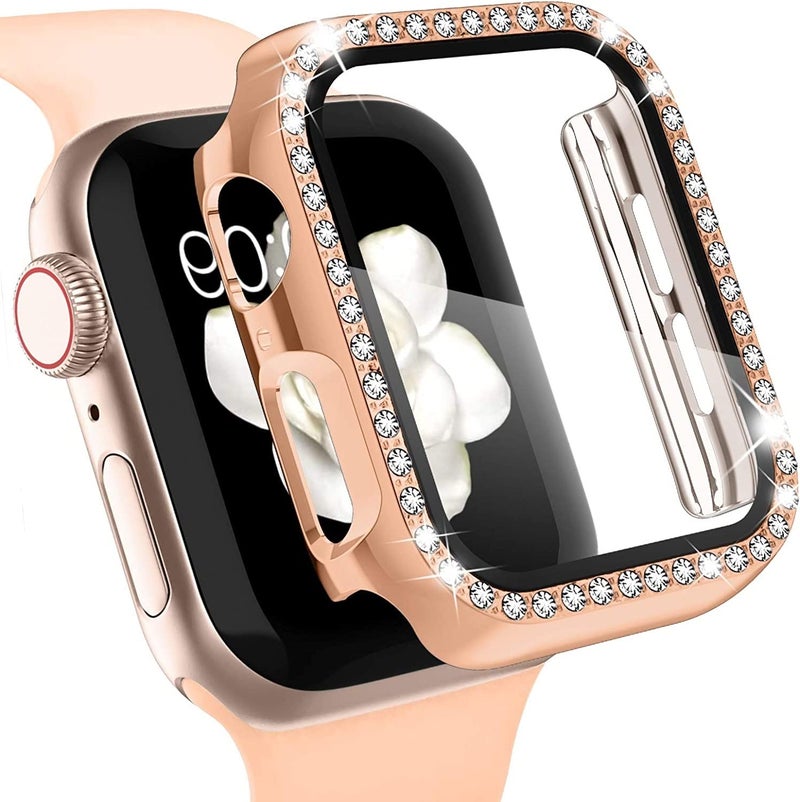 FOLX FSG2030 Shocked Proof Flexible Silicone TPU Watch Case Cover with Screen Protector Temper Compatible with Apple Watch Series 6 | SE | Series 5 | Series 4 ([ 41MM Hard Diamond CASE ], Rose Gold) - Image 1