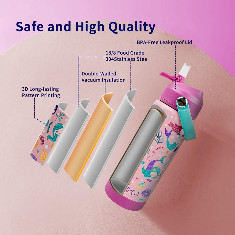 Moca Mermaid Theme Water Bottle for Girls | 500ml Insulated Stainless Steel Thermos | Leakproof & BPA-Free Bottle with Straw for School, Picnic & Gifting (Mer-Mazing) - Image 1