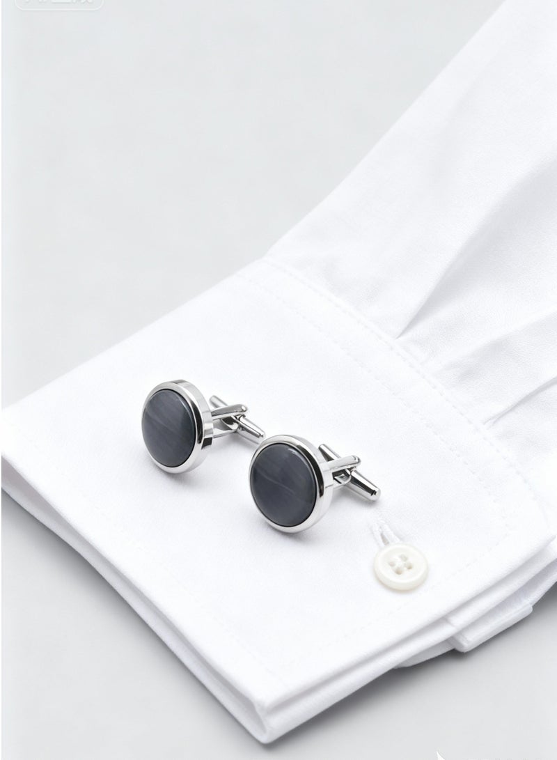 DB Innov. Cufflinks, Grey Opal Silver Frame Round Cufflinks, 2 PCS for One Set Premium Copper Jewelry Specially Design for Men's Shirt Wedding Business Gift with Delicate Package Box. - Image 2