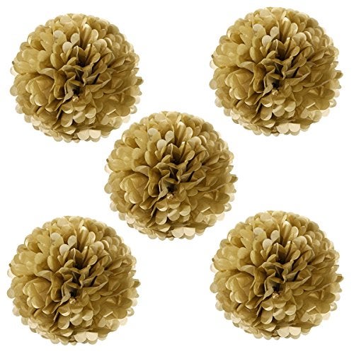 Allydrew 8" Set of 5 Tissue Pom Poms Party Decorations for Weddings, Birthday Parties Baby Showers and Nursery Décor, Gold Metallic - Image 1