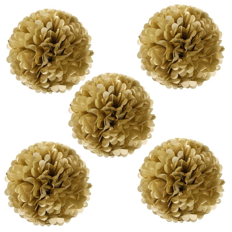 Allydrew 8" Set of 5 Tissue Pom Poms Party Decorations for Weddings, Birthday Parties Baby Showers and Nursery Décor, Gold Metallic - Image 5