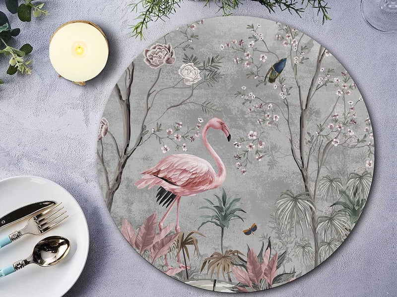 Space Of Joy Space of Joy Graceful Flamingo Design Premium Printed MDF Wooden Dining Table mats HeatWater Resistant Round Placemats for Dining Kitchen Indoor Outdoor Set of 4 Pieces - Image 1