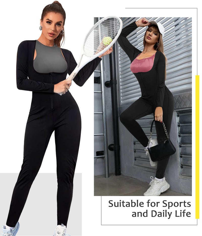Junlan Sauna Suit for Women Full Body Compression Suit Sweat Jumpsuit Waist Trainer for Working Out(Black,Large) - Image 4