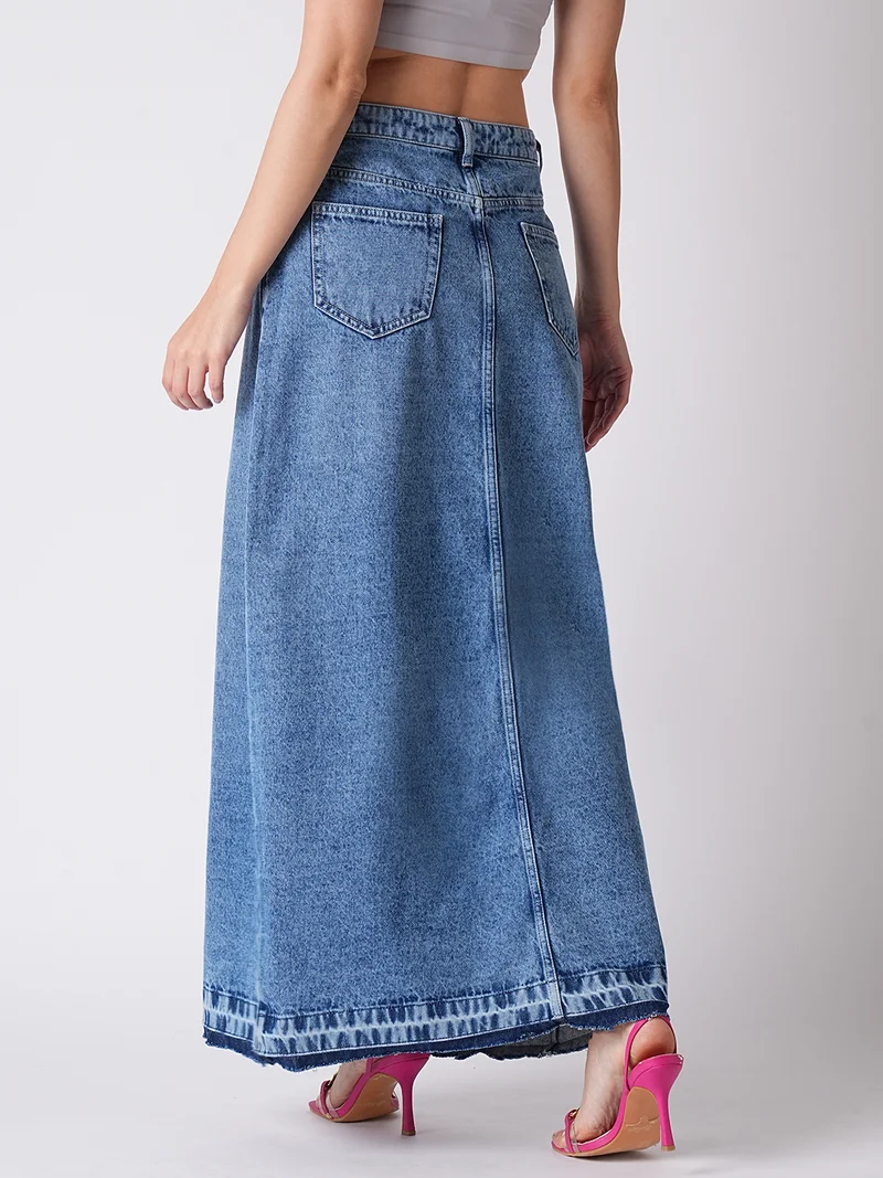 globus Women Front Slit Fringed A-Line Maxi Denim Skirt