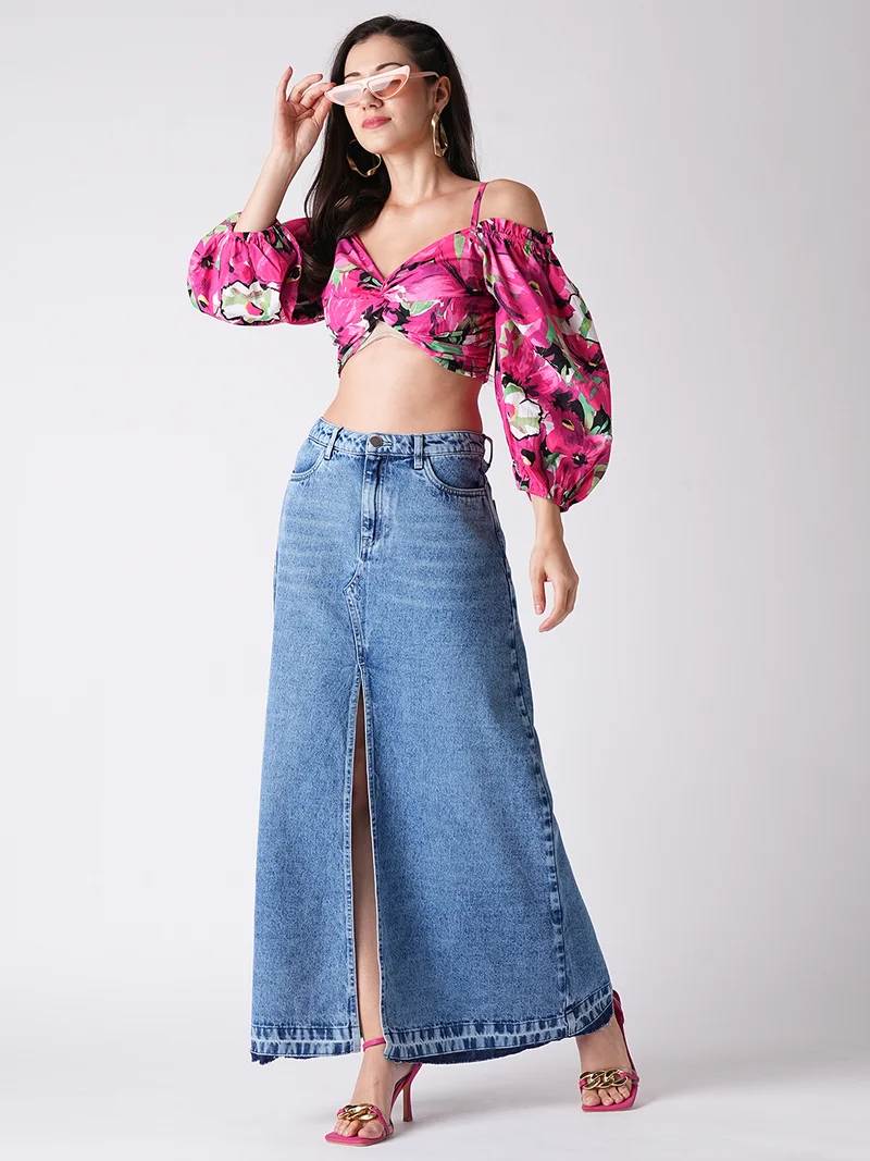 globus Women Front Slit Fringed A-Line Maxi Denim Skirt