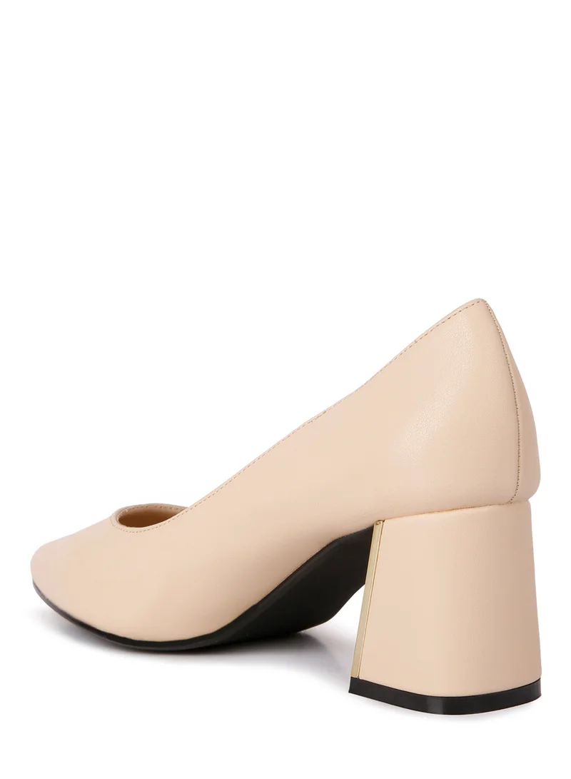London Rag Beige Metallic Detail Block Heel Pumps