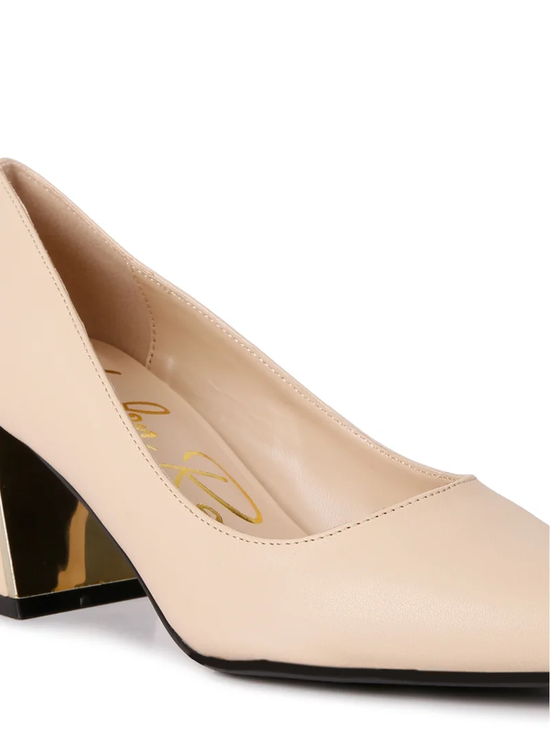 London Rag Beige Metallic Detail Block Heel Pumps