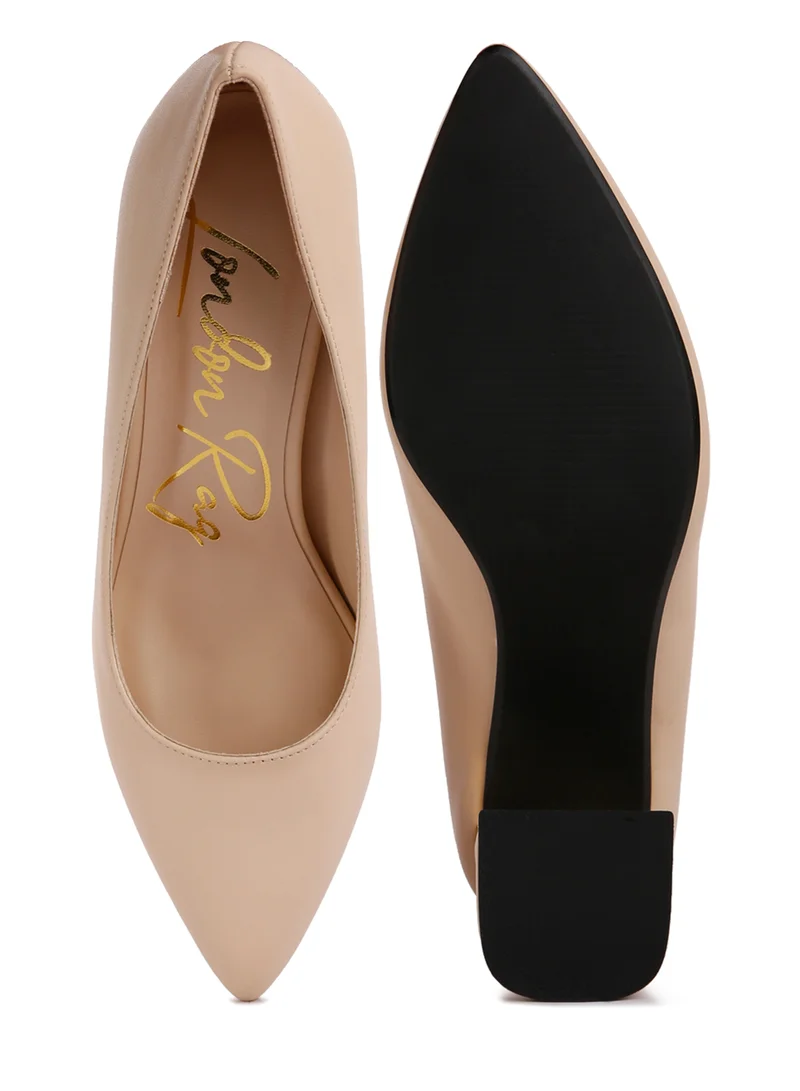 London Rag Beige Metallic Detail Block Heel Pumps
