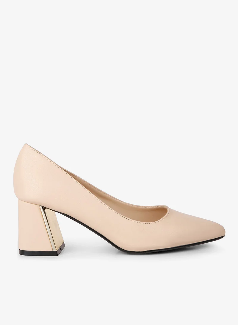 Beige Metallic Detail Block Heel Pumps