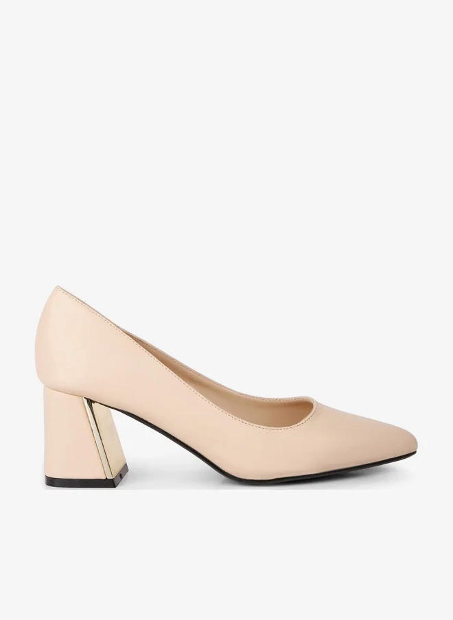 Beige Metallic Detail Block Heel Pumps