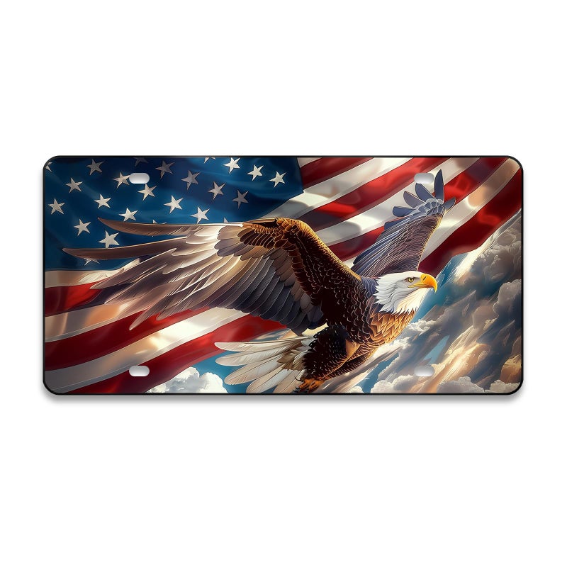 MCIAONE Front License Plate Cover - License Plate with American Flag & Eagle, Aluminum Decorative License Plates, Patriotic Novelty Vanity Tag, Car Decor Accessory with 4 Holes, 6Ã—12 inch Car Plates Decor - Image 1