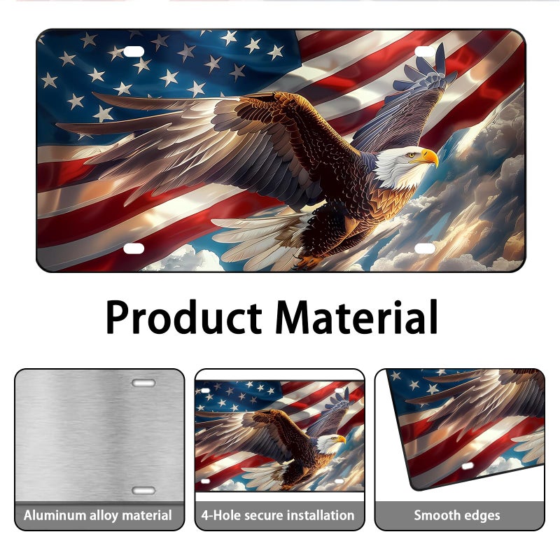 MCIAONE Front License Plate Cover - License Plate with American Flag & Eagle, Aluminum Decorative License Plates, Patriotic Novelty Vanity Tag, Car Decor Accessory with 4 Holes, 6Ã—12 inch Car Plates Decor - Image 3