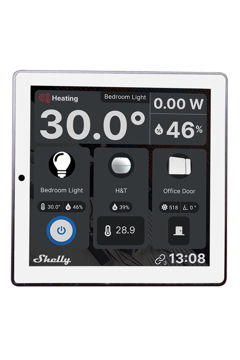 Shelly وحدة تحكم ذكية بشاشة تعمل باللمس 4 بوصات لعرض الجدار، جهاز مثبت على الحائط مع تحكم ومراقبة متعددة المناطق، مدمج مع التطبيق لأتمتة (أبيض) - Image 1