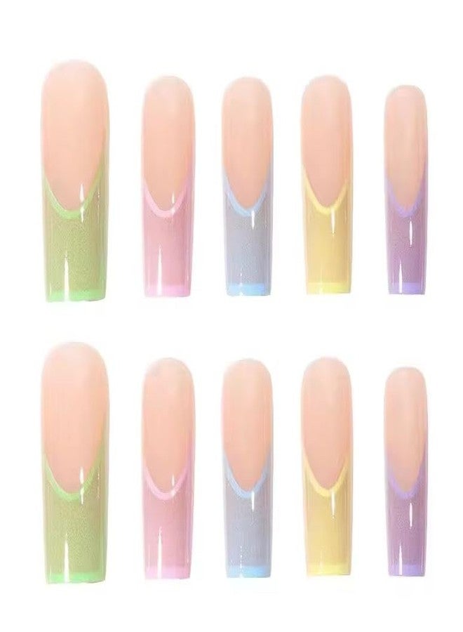 ZUGAD 12 pcs press on Multicolor pink blue green yellow purple Glossy Finish Long Coffin French Tip gradiant, press on fake Artificial Nail Extension Set with nail glue Sticker Sheet for girls women. - Image 5