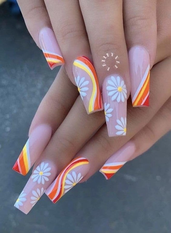 ZUGAD 12 pcs press on Multicolor pink blue green yellow purple Glossy Finish Long Coffin French Tip gradiant, press on fake Artificial Nail Extension Set with nail glue Sticker Sheet for girls women. - Image 1