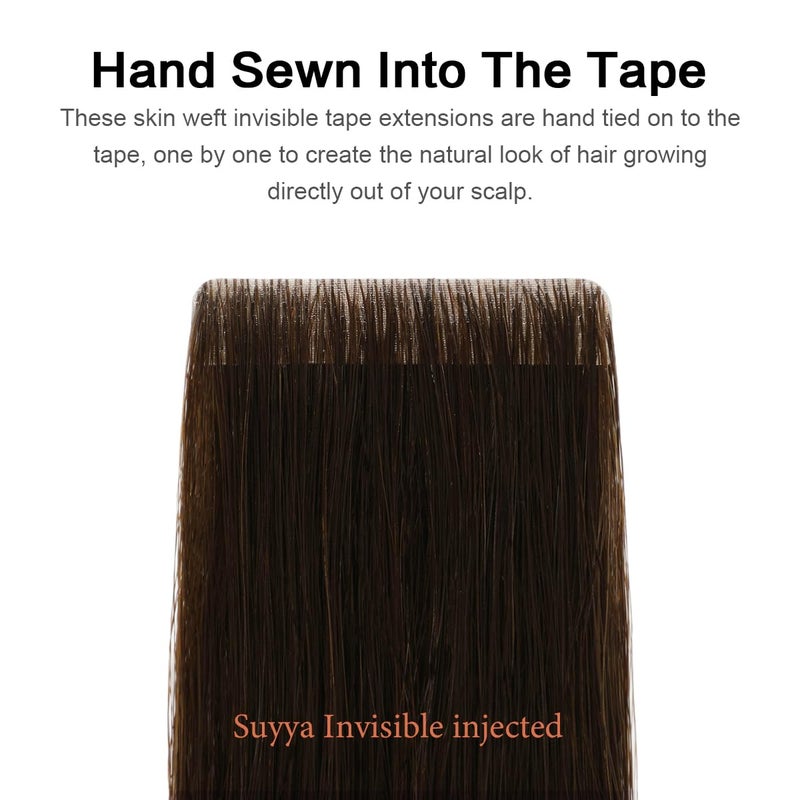 SUYYA Invisible Tape in Hair Extensions Human Hair Darkest Brown Seamless Injected Hand-Tied Pro Quality Virgin Human Hair 20PCS 40G/Pack Straight Tape Ins(14 inch #2 Darkest Brown) - Image 2