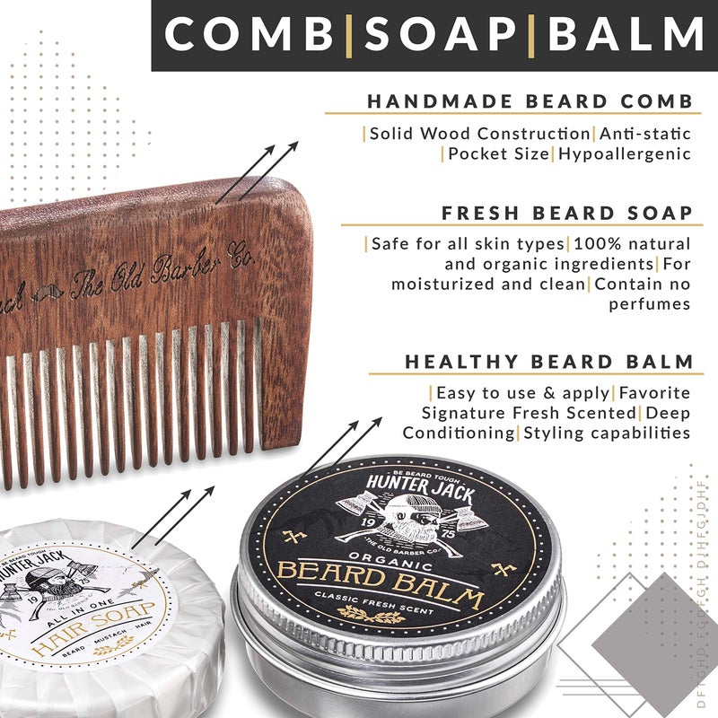 Hunter Jack Beard Kit for Men - Sandalwood Beard Comb, Beard Soap, and Beard Balm - Fine Tooth Mustache Comb - Mens Beard Kit for Care and Grooming in Premium Gift Box - Image 2