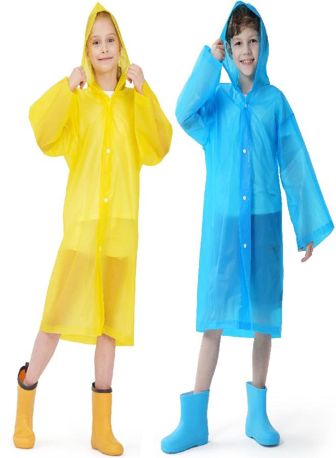 Opret Opret 2 Pack Raincoats for Kids, Reusable Rain Ponchos with Hood and Sleeves Children Waterproof Rain Coats for Boys and Girls, Blue and Yellow  - Image 1