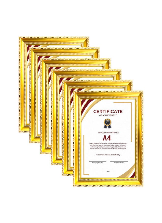 Decorhills Classic Design A4 Document Certificate Frame –  Real Glass, Wall Mount Tabletop Display, Gold, 25x34cm Frame Size, 6Pcs 