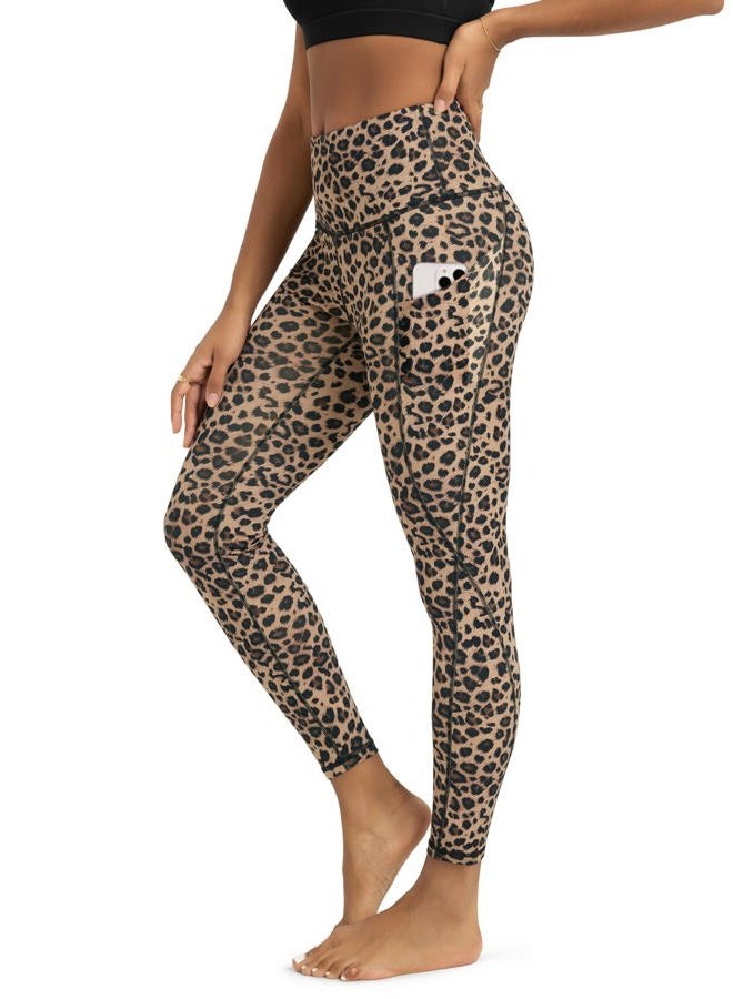 ODODOS Women's High Waisted Yoga Leggings with Pockets, Tummy Control Non See Through Workout Athletic Running Yoga Pants, Leopard, XL - Image 1