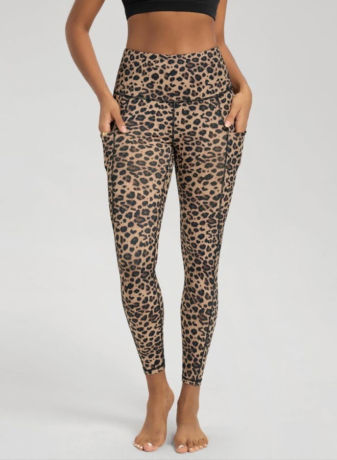 ODODOS Women's High Waisted Yoga Leggings with Pockets, Tummy Control Non See Through Workout Athletic Running Yoga Pants, Leopard, XL - Image 2