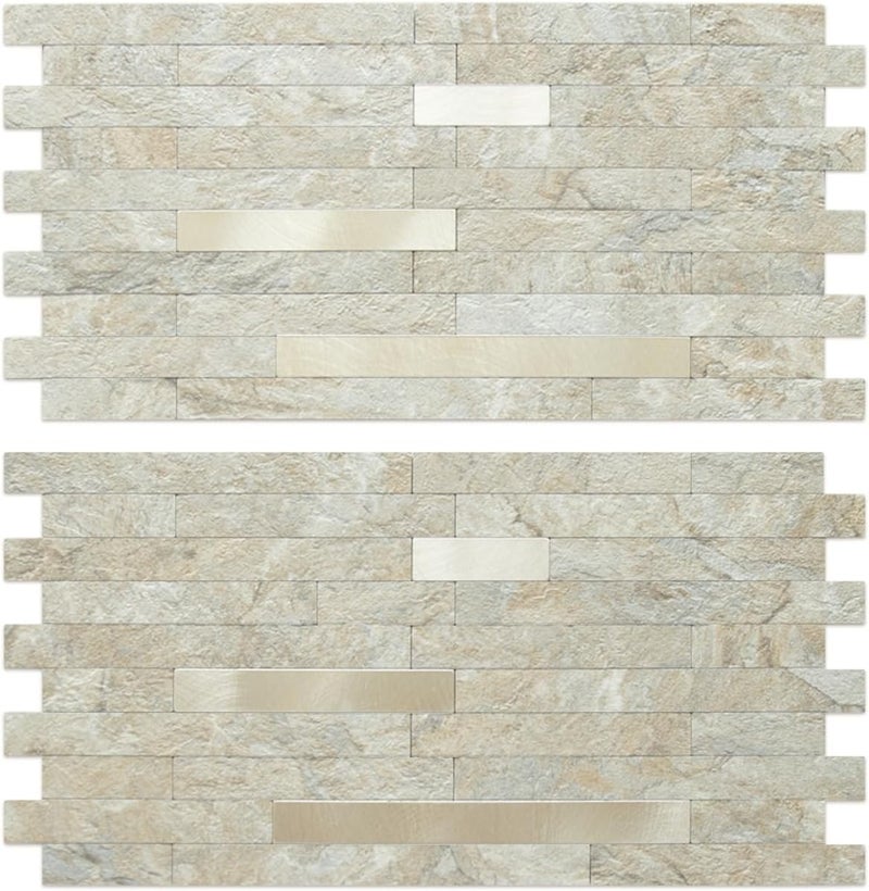 AULIGET 2 Sheets Faux Stone Peel and Stick Backsplash, Sandstone with Champagne Gold PVC Wall Tiles Stick on Backsplash for Kitchen - Image 1
