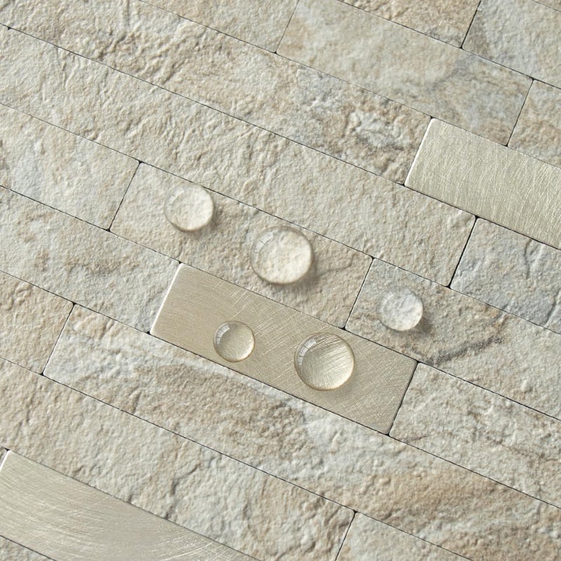 AULIGET 2 Sheets Faux Stone Peel and Stick Backsplash, Sandstone with Champagne Gold PVC Wall Tiles Stick on Backsplash for Kitchen - Image 4