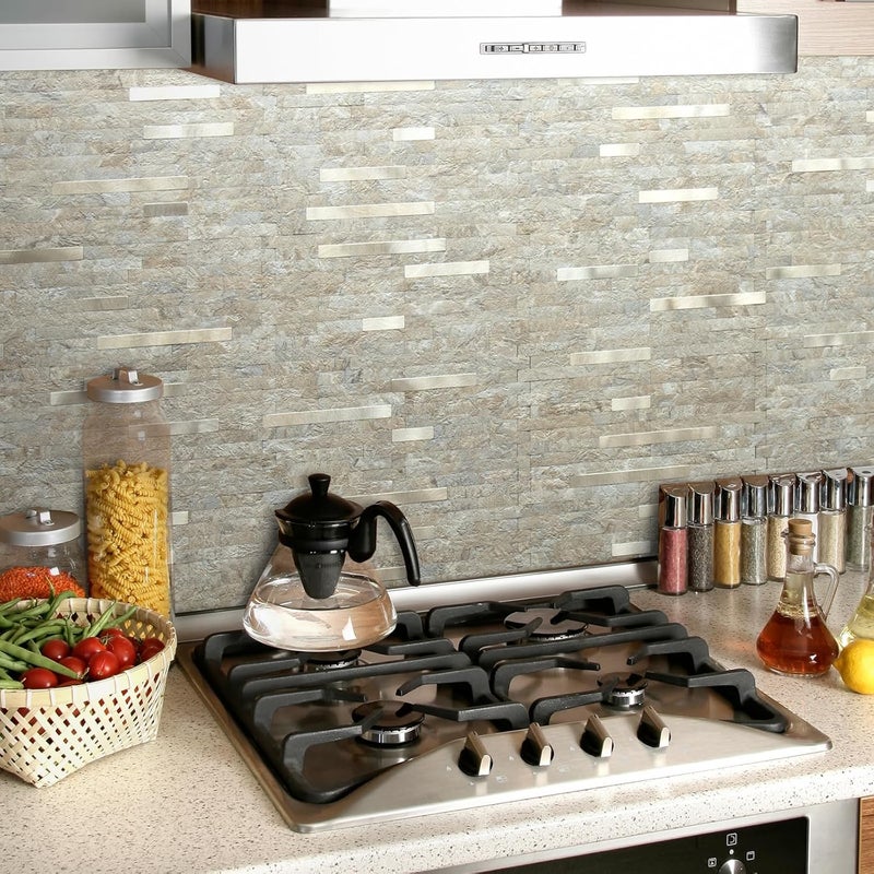 AULIGET 2 Sheets Faux Stone Peel and Stick Backsplash, Sandstone with Champagne Gold PVC Wall Tiles Stick on Backsplash for Kitchen - Image 5