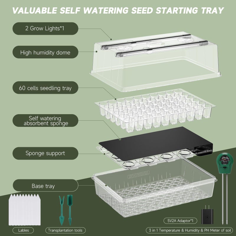 Adawook Self-Watering Seed Starter Tray with Grow Lights, 60 Cells Seed Starter Kit, Full Spectrum Grow Light for Seed Starting, Timing Set, Germination Tray Grow Kits with High Humidity Domes - Image 5