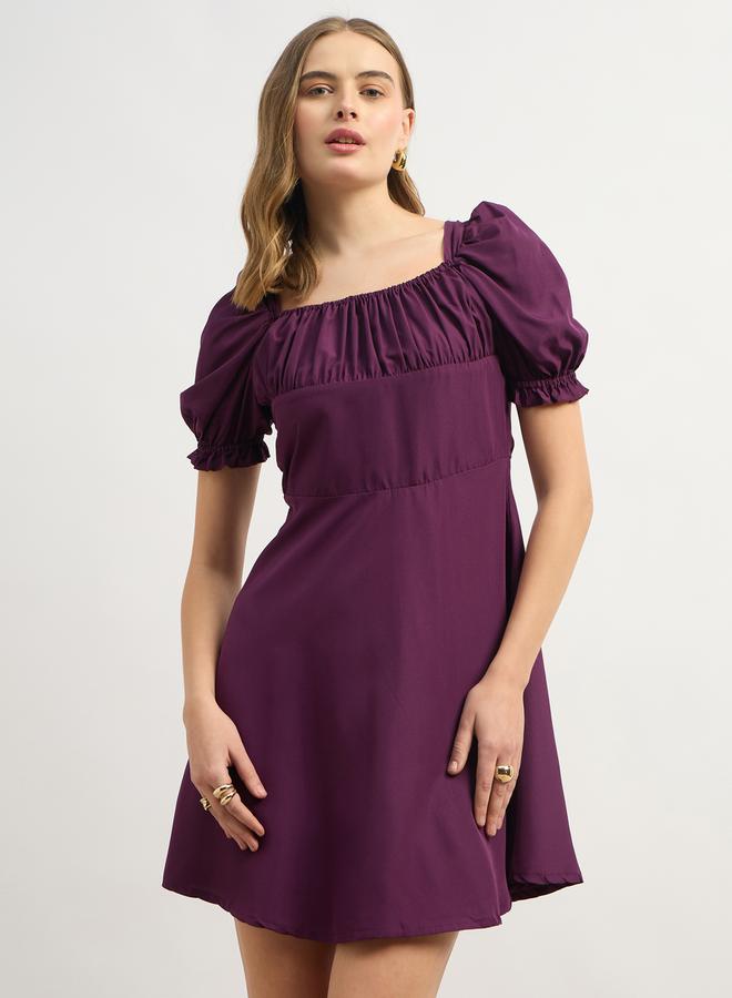 Styli Solid Puff Sleeves A-Line Mini Dress - Image 2