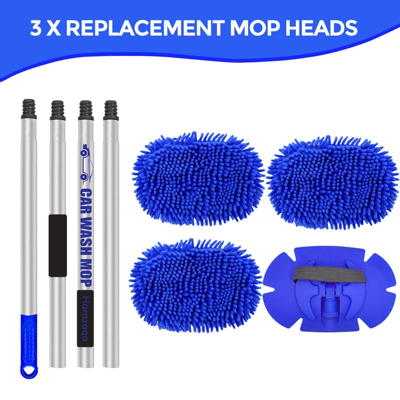 Harazaqa 63" Car Wash Brush with Long Handle 3 Chenille Microfibre Mop Heads 4-Section Aluminium Handle 2-in-1 Car Wash Mop Mitt for Cars Vans Caravans Trucks and Motorhomes - Image 3