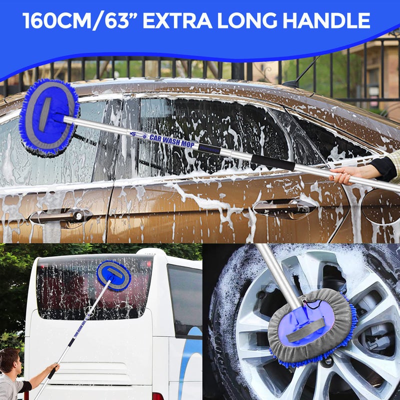 Harazaqa 63" Car Wash Brush with Long Handle 3 Chenille Microfibre Mop Heads 4-Section Aluminium Handle 2-in-1 Car Wash Mop Mitt for Cars Vans Caravans Trucks and Motorhomes - Image 2