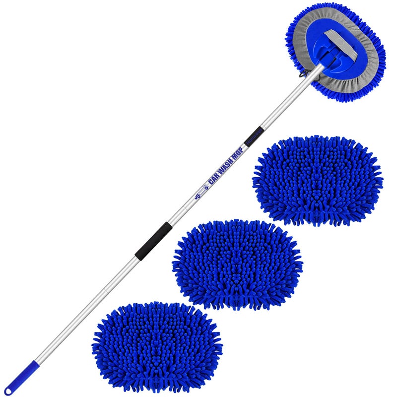 Harazaqa 63" Car Wash Brush with Long Handle 3 Chenille Microfibre Mop Heads 4-Section Aluminium Handle 2-in-1 Car Wash Mop Mitt for Cars Vans Caravans Trucks and Motorhomes - Image 1