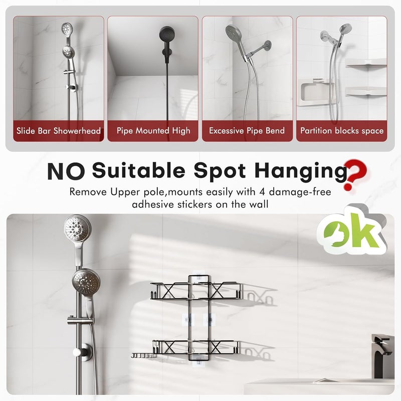 Sewulidon Upgraded Hanging Shower Caddy for Handheld Shower Heads,Adjustable Height Extra Long Bathroom Shower Organizer Hanger Rack with Hooks,Soap Holder - Image 3