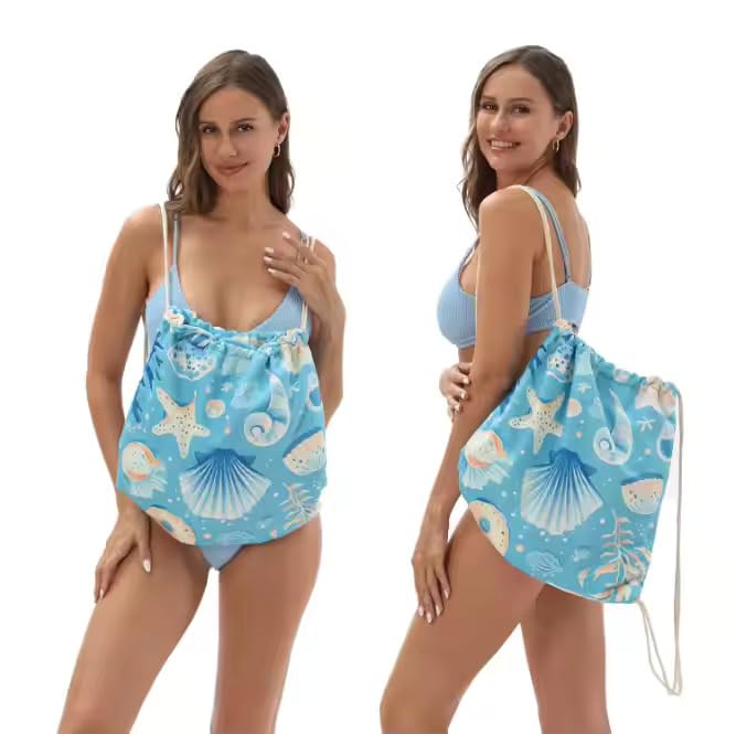 NESTIC NESTIC Beach Towel and Integrated Bag Portable Storage Backpack Printed Bath Towel, Soft and Absorbent Large Bath Towel perfect for beach outings (Sky Blue Seashell, 140 x 70)  - Image 4