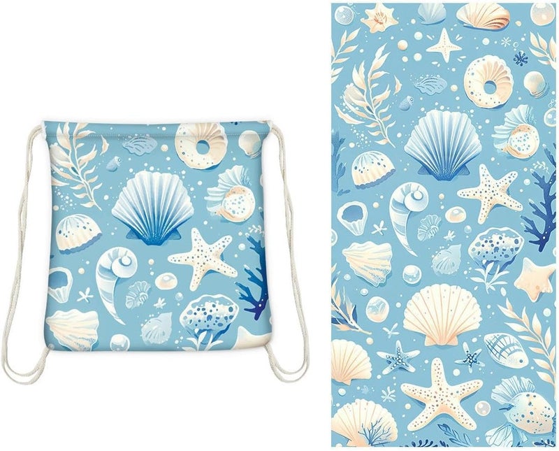 NESTIC NESTIC Beach Towel and Integrated Bag Portable Storage Backpack Printed Bath Towel, Soft and Absorbent Large Bath Towel perfect for beach outings (Sky Blue Seashell, 140 x 70)  - Image 1