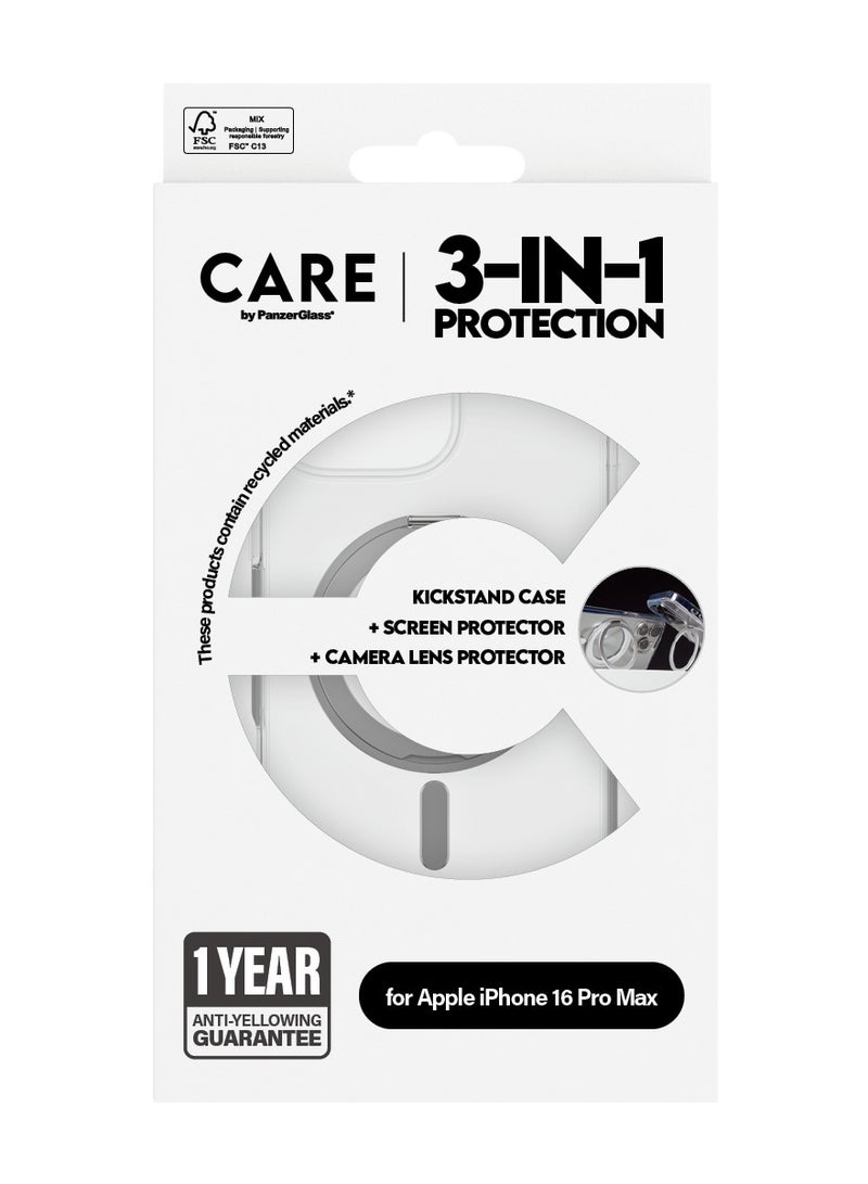 CARE by PanzerGlass® Feature 3-in-1 Ceramic Bundle iPhone 16 Pro Max, MagSafe compatible Kickstand case, an Ultra-Wide Fit Ceramic Screen Protector, and HoopsTM Ceramic Camera Lens Protector - with mounting aid for easy installation