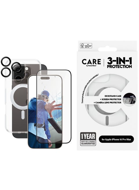 CARE by PanzerGlass® Feature 3-in-1 Ceramic Bundle iPhone 16 Pro Max, MagSafe compatible Kickstand case, an Ultra-Wide Fit Ceramic Screen Protector, and HoopsTM Ceramic Camera Lens Protector - with mounting aid for easy installation