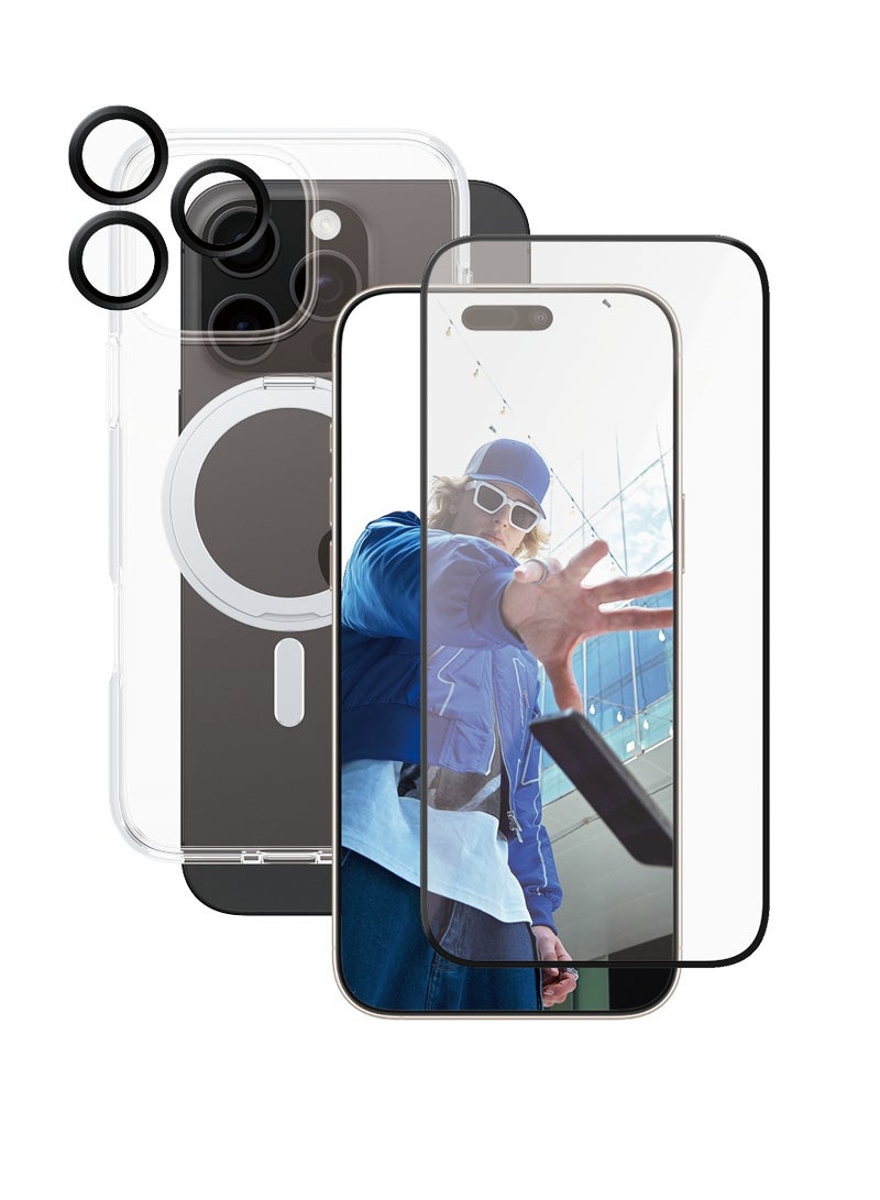 CARE by PanzerGlass® Feature 3-in-1 Ceramic Bundle iPhone 16 Pro Max, MagSafe compatible Kickstand case, an Ultra-Wide Fit Ceramic Screen Protector, and HoopsTM Ceramic Camera Lens Protector - with mounting aid for easy installation