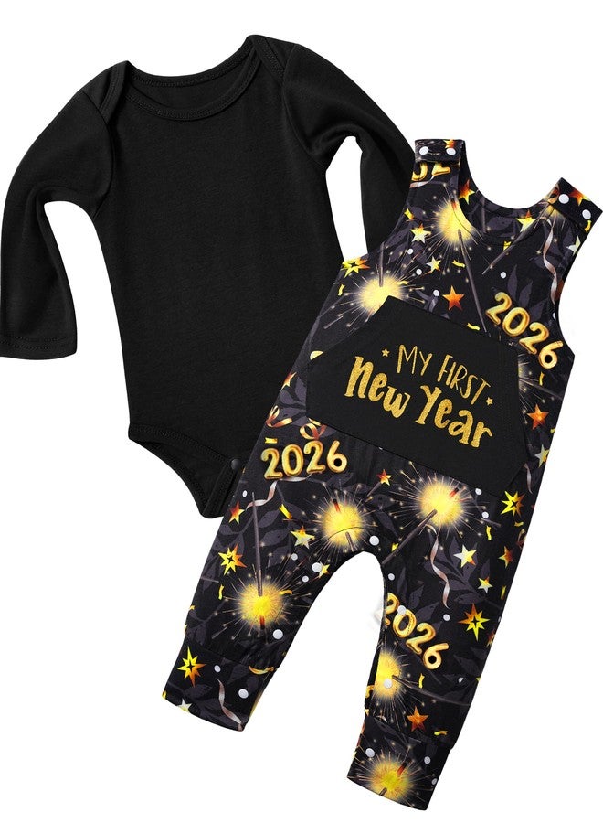 Aulyffo My First New Years Baby Boy Outfit 2026 Baby Boy New Years Outfit 3-6 Months Long Sleeve Romper + Firework Overall Pants 2PCS Baby New Year Clothes - Image 1
