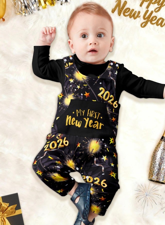Aulyffo My First New Years Baby Boy Outfit 2026 Baby Boy New Years Outfit 3-6 Months Long Sleeve Romper + Firework Overall Pants 2PCS Baby New Year Clothes - Image 2