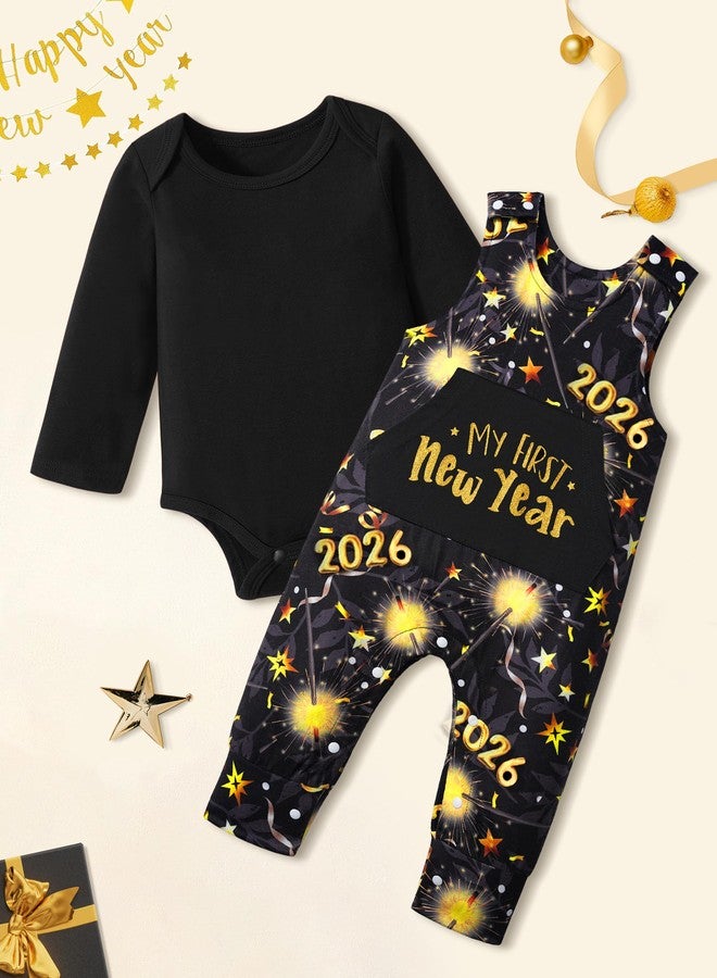 Aulyffo My First New Years Baby Boy Outfit 2026 Baby Boy New Years Outfit 3-6 Months Long Sleeve Romper + Firework Overall Pants 2PCS Baby New Year Clothes - Image 3