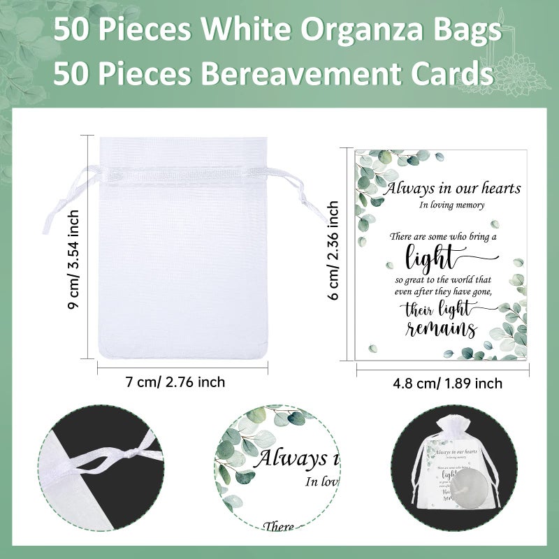Coume 50 Set Funeral Party Favors Memorial White Candles Unscented Funeral Gifts Tealight Candles with Condolence Bereavement Cards and Organza Bags for Guest Celebration of Life Decorations (Stylish) - Image 2