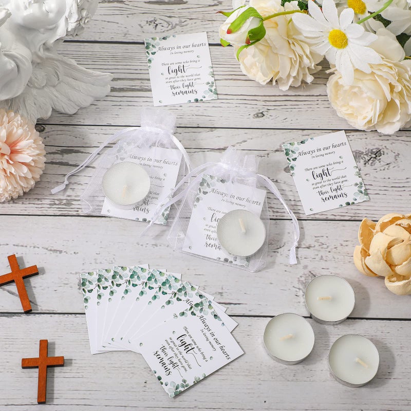 Coume 50 Set Funeral Party Favors Memorial White Candles Unscented Funeral Gifts Tealight Candles with Condolence Bereavement Cards and Organza Bags for Guest Celebration of Life Decorations (Stylish) - Image 4