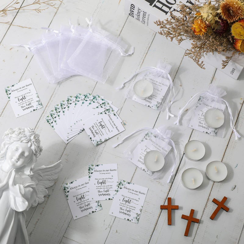Coume 50 Set Funeral Party Favors Memorial White Candles Unscented Funeral Gifts Tealight Candles with Condolence Bereavement Cards and Organza Bags for Guest Celebration of Life Decorations (Stylish) - Image 5